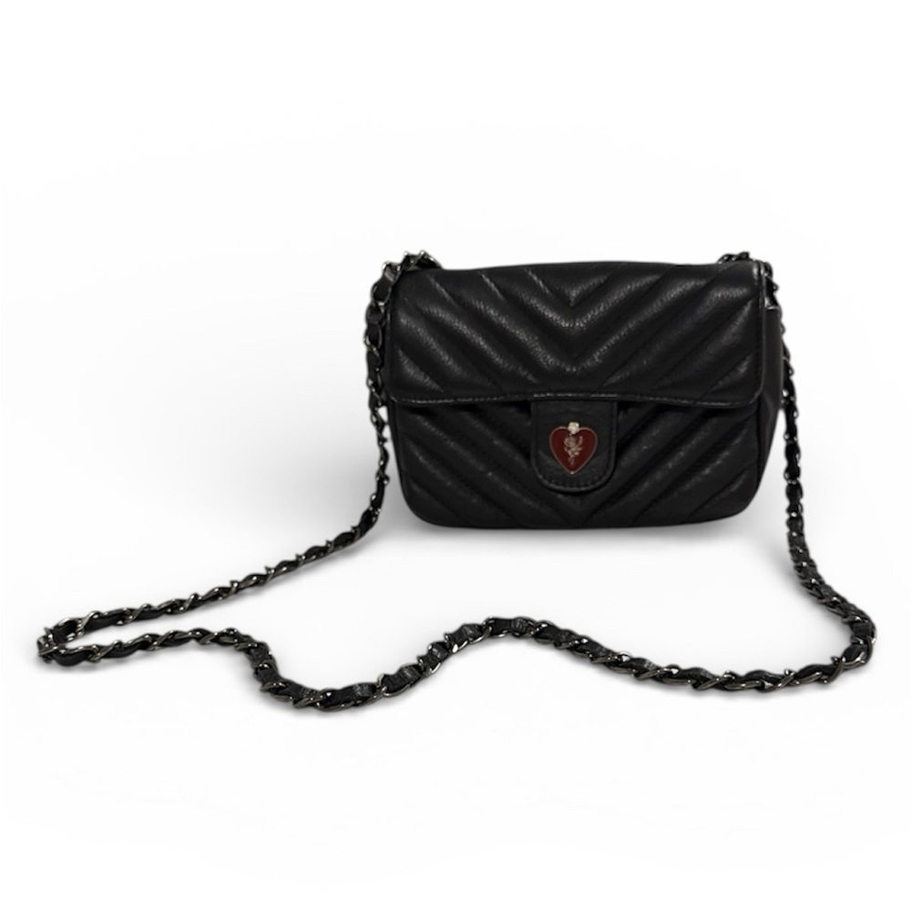 Italian Black Quilted Leather Crossbody Bag - Heart Charm - Made in Italy
